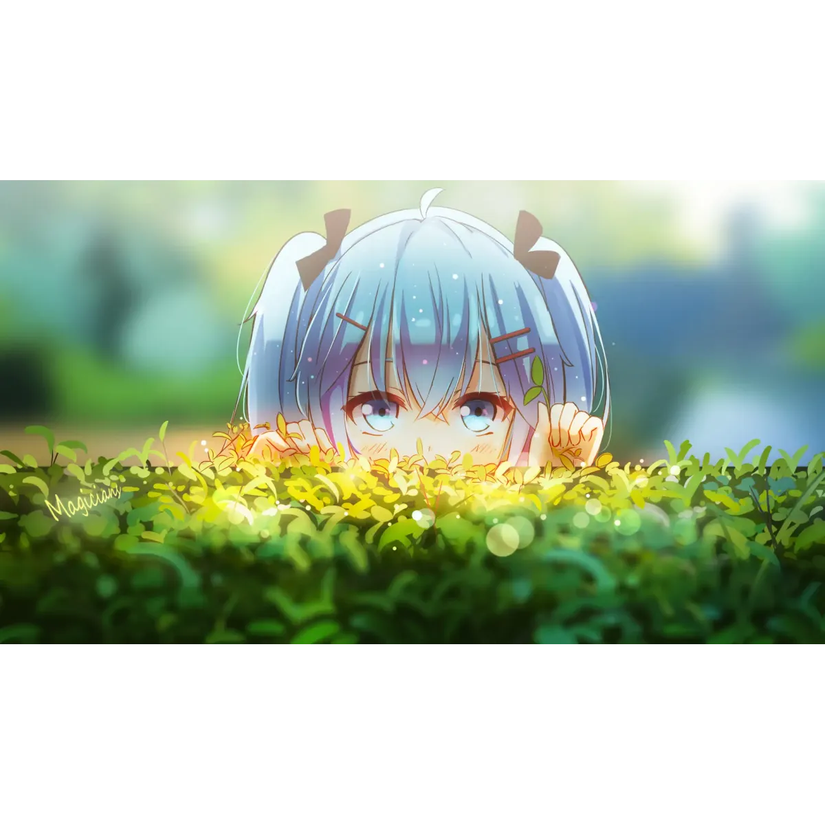 Hatsune Miku peeking over a hedge wall  Mouse Pad (Desk Mat)