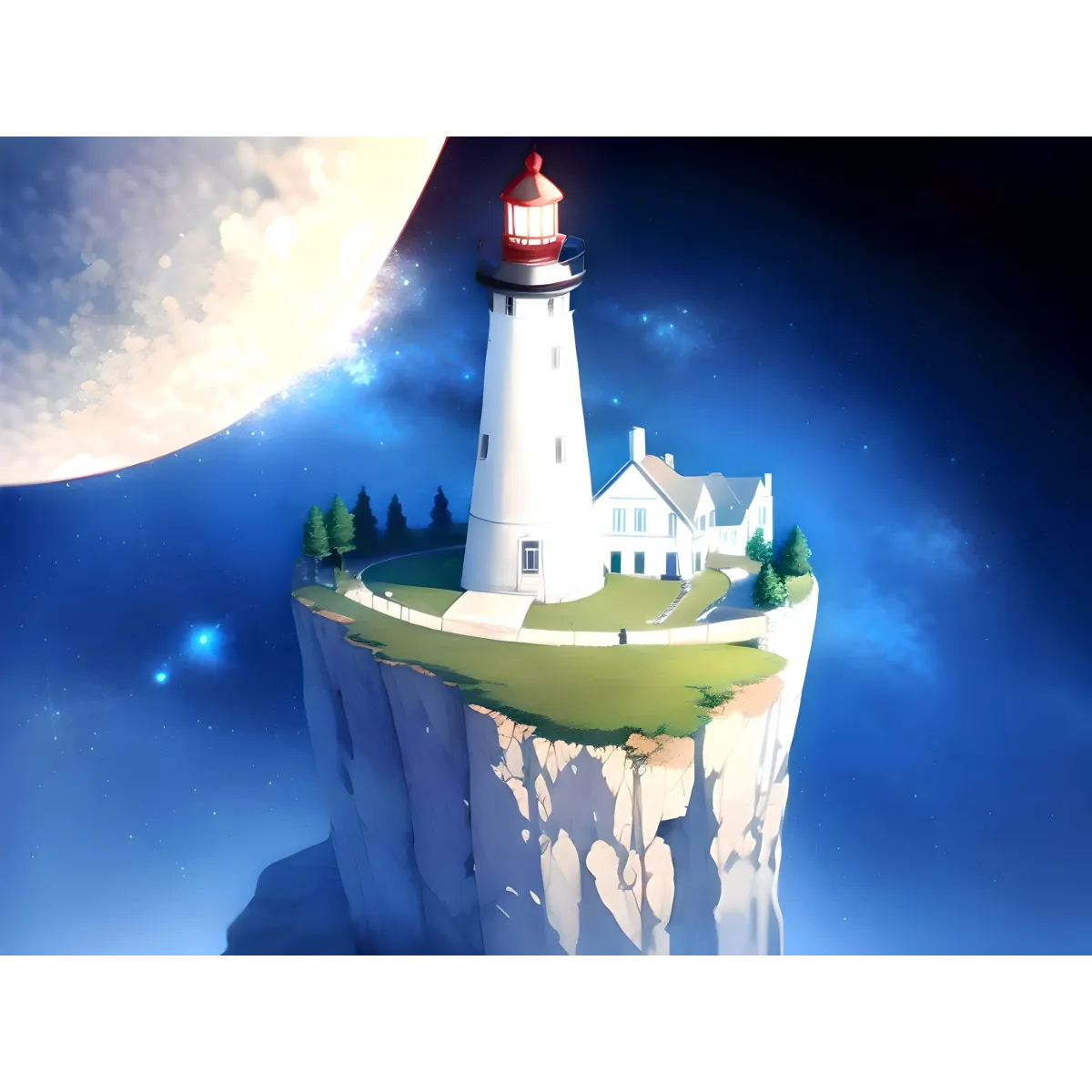 A lighthouse on top of a cliff with the moon  Mouse Pad (Desk Mat)