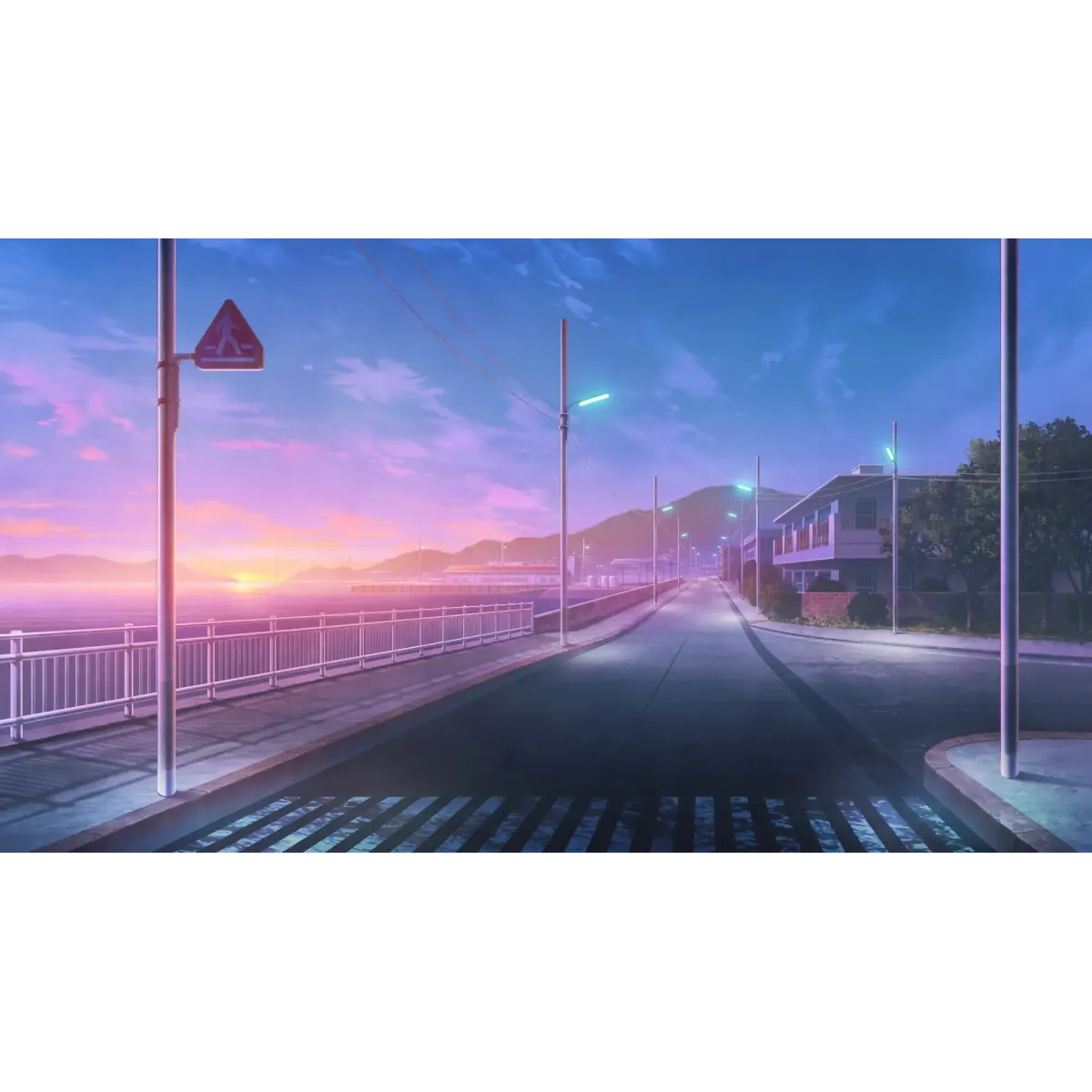 An anime style road with a stunning purple sunset on the horizon.  Mouse Pad (Desk Mat)