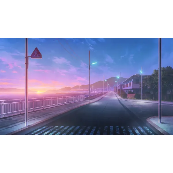 An anime style road with a stunning purple sunset on the horizon.  Mouse Pad (Desk Mat)